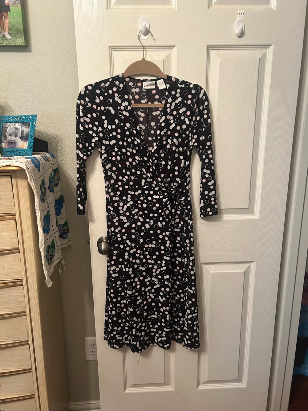 Chico's Black Dress with White and Light Pink Dot Print, Long Sleeve